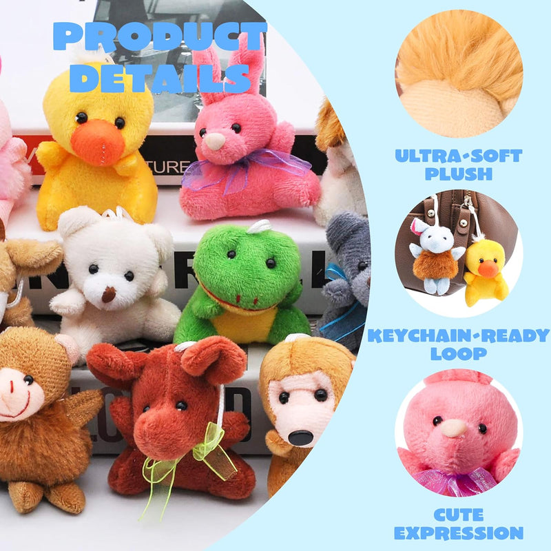24-PC Mini Animal Plush Toy Assortment, Perfect for Kids Keychains and Party Favors