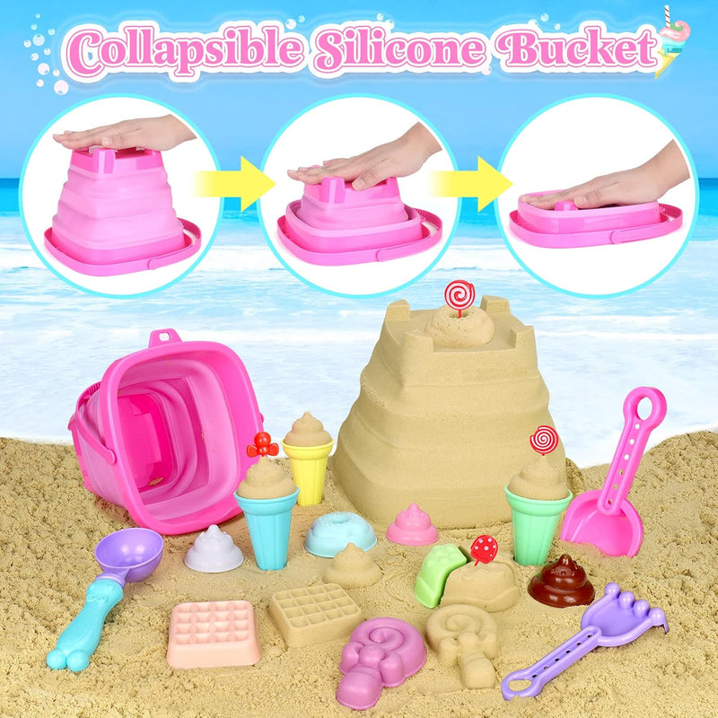 Collapsible Beach Toys Set for Kids & Toddlers: Foldable Bucket, Shovels, Sand Molds, Ice Cream Playset