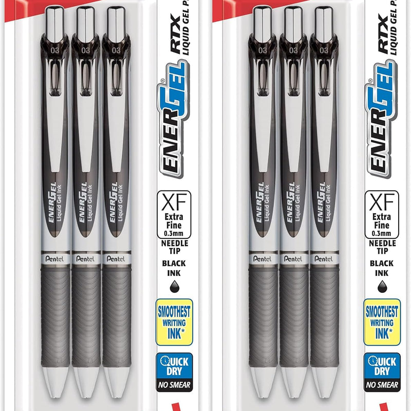 Pentel EnerGel RTX Retractable Liquid Gel Pen, (0.3mm), Extra Fine Line, Needle Tip, Black Ink, Pack of 3 (BLN73BP3A)