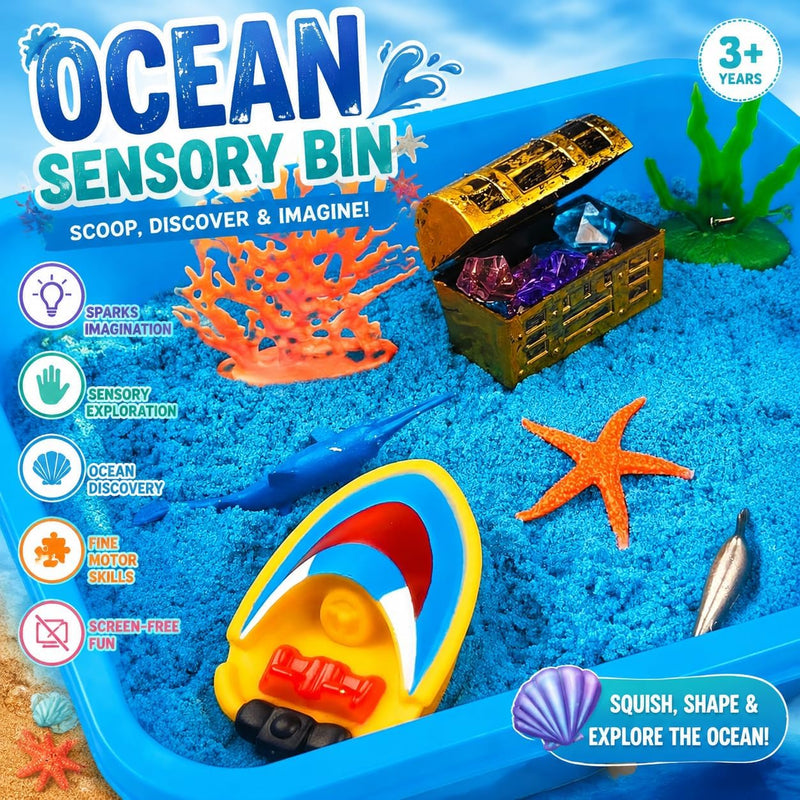AGENTLAN Ocean Sensory Bin with Sensory Sand, Ocean Toys for Kids | Sand Kit with sea animals, Sea sand box sensory kit, Gift for toddlers ages 3+