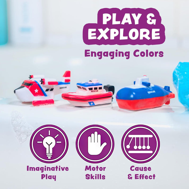 Tub Works® Ocean Rescue™ Vehicles Light Up Bath Toys, 6 Pack | Water-Activated Light Up Toys Flash & Change Color | Easy-Grip Baby & Toddler Bath Toys | Sensory Toys with Bath Lights for Kids Bath