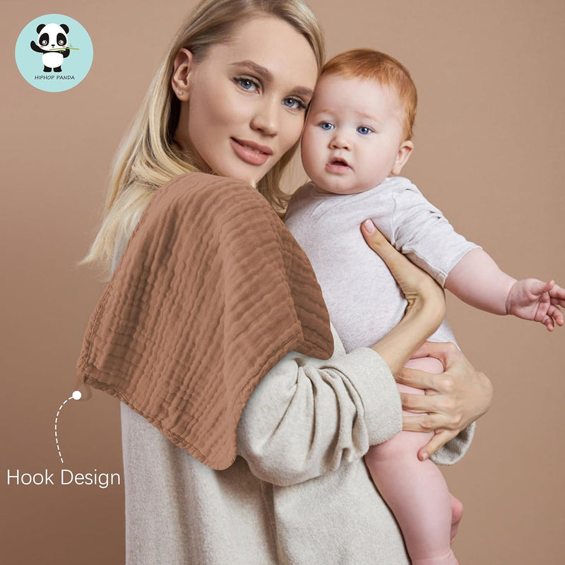 HIPHOP PANDA Large 100% Cotton Muslin Baby Burp Cloths - Reinforced Edges | 20 x 10 In Pre-Washed Ultra Absorbent and Soft Baby Essentials Drool Rags for Newborn Boy Girl - 10 Pack, Earth Tones