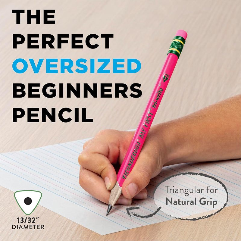 Ticonderoga My First Tri-Write Wood-Cased Pencils, Pre-Sharpened, 2 HB, With Erasers, Neon Colors, 12 Count
