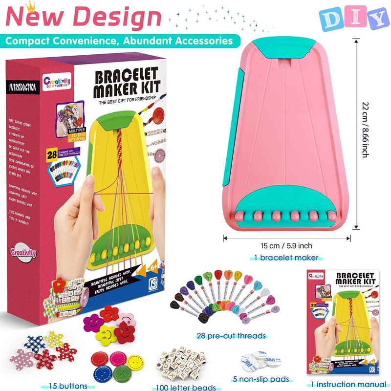 Maynacs Friendship Bracelet Making Kit for Girls 8-12, 28 Pre-Cut Threads | 28 Pre-Cut Threads in 14 Colors, 100 Letter Beads, Hidden Storage Tray - Screen-Free Travel Craft Kit for Kids and Teens