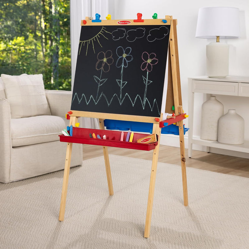 melissa & doug deluxe wooden art easel for kids with dry-erase board chalkboard & drawing paper roller folding double-sided toddler easel