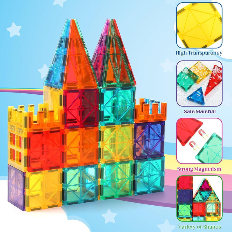 OugerToy 104PCS Magnetic Tiles STEM Building Blocks for Kids Ages 3-9, Educational Stacking Toys with Car Bases