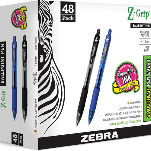 Zebra Pen Z-Grip Retractable Ballpoint Pen, Medium Point 1.0mm, 24 Black & 24 Blue Ink Pens, Bulk Pack of 48