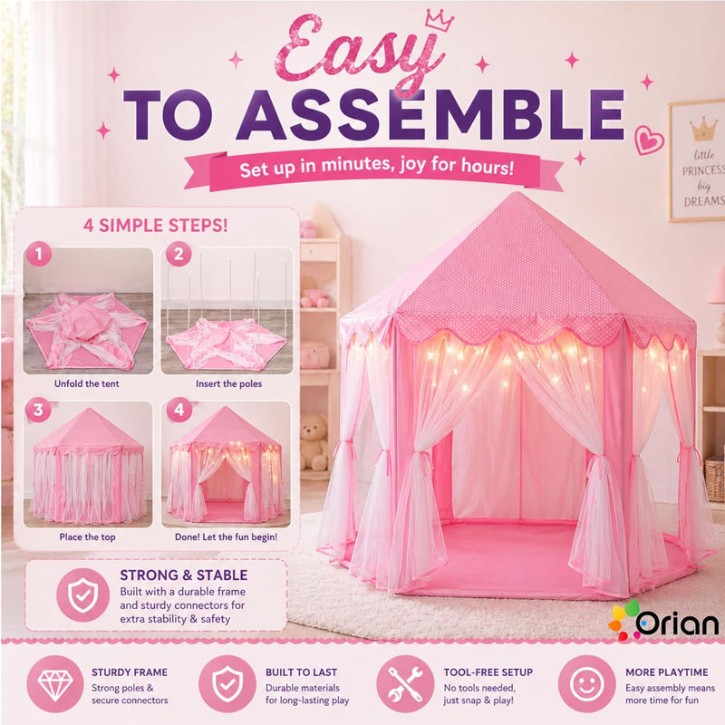 Orian Princess Tent for Kids, Toddler & Kids Pink Play Tent Indoor & Outdoor Princess Castle Fort for Girls and Toddlers Ages 2-7, 55”x53”, LED Star Lights, Children’s Toys and Gifts for Girls
