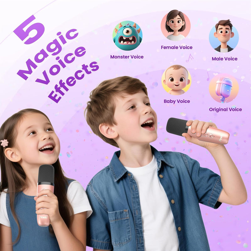 rose gold mini karaoke machine with 2 wireless microphones and 6-10h battery life
