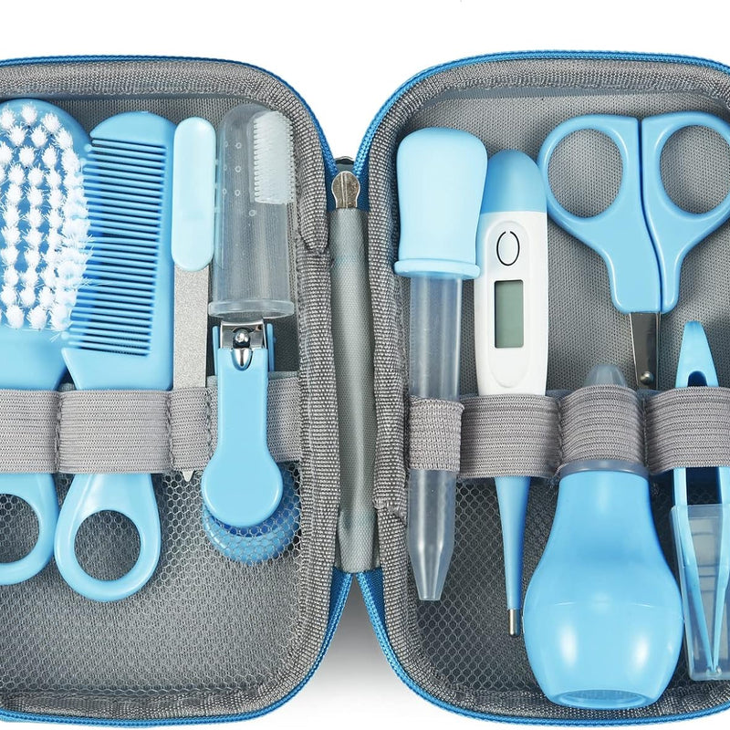 PandaEar Baby Healthcare & Grooming Kit - Baby Safety Set Comb, Brush, Finger Toothbrush, Nail Clippers, Scissors, Nasal Aspirator - Nursery Care Kit (Blue)