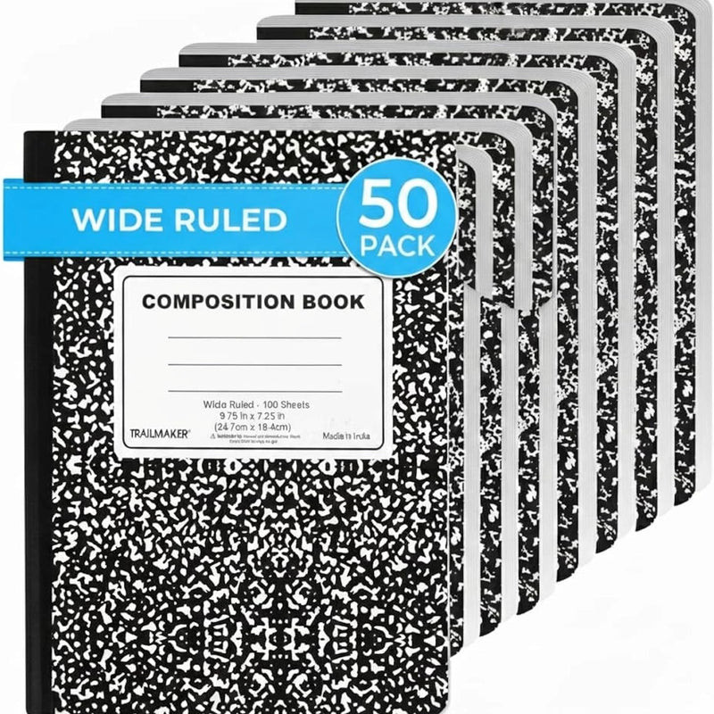 Trail maker (50 Pack Bulk Composition Notebooks, Wide Ruled Marble Cover, 200 Pages (100 Sheets), 9.75 x 7.5, Bulk School Supplies for Classroom, Office & School Donations