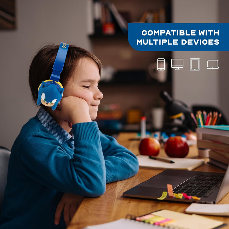 Sonic The Hedgehog kids' wireless Bluetooth headphones with safe volume, adjustable headband, and rechargeable battery