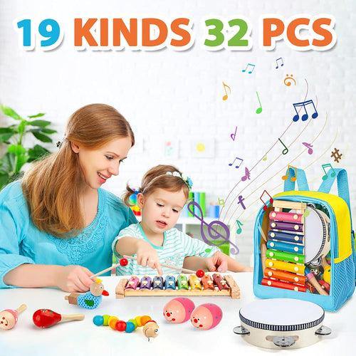 Toddler 32-PC wooden percussion instruments set for kids musical learning and education