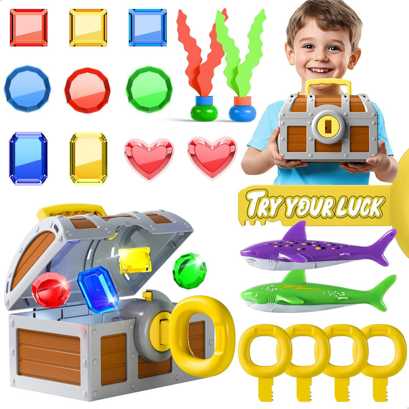 Funscape Kids Pool Diving Toy, Large Treasure Chest Water Dive Pool Games | Toddler Swimming Diving Game w/ Box Keys Gems Fish, Fun Bathtub Summer Beach Party Gifts 3 4 5 6 7 8 10 12 Year Old Boy Girl