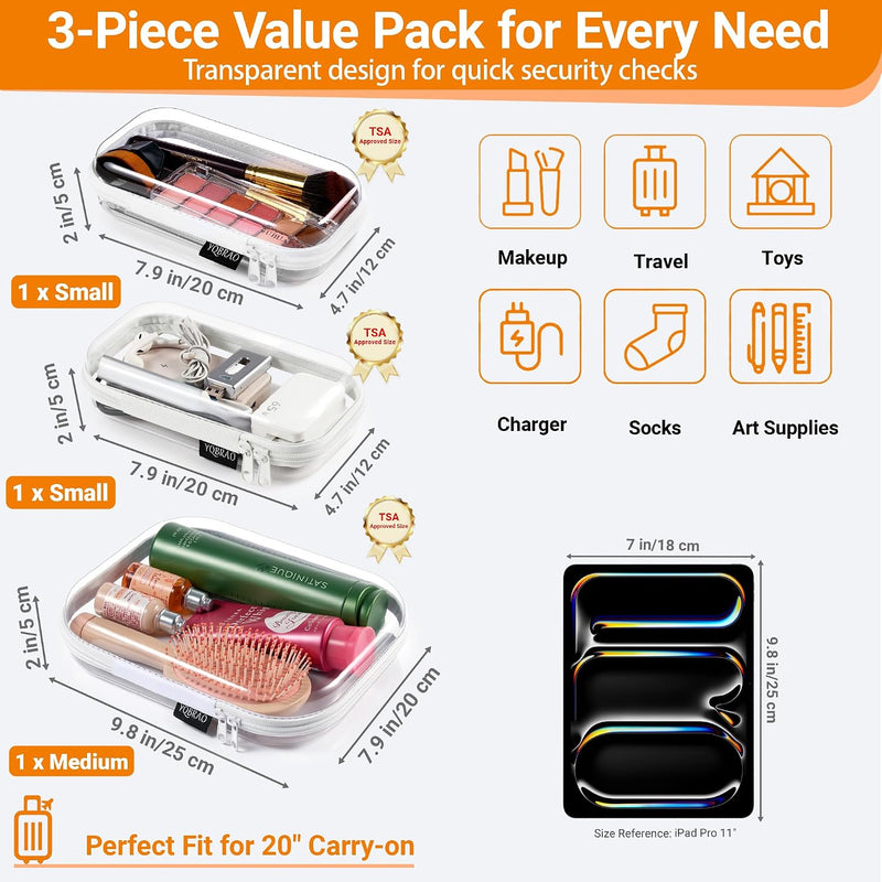 YQBRAO Clear Hard Shell Organizer Cases, 3-Pack, White | Rigid 1.2 mm clear PET organizers with multi-size design for travel, home storage, and everyday essentials.