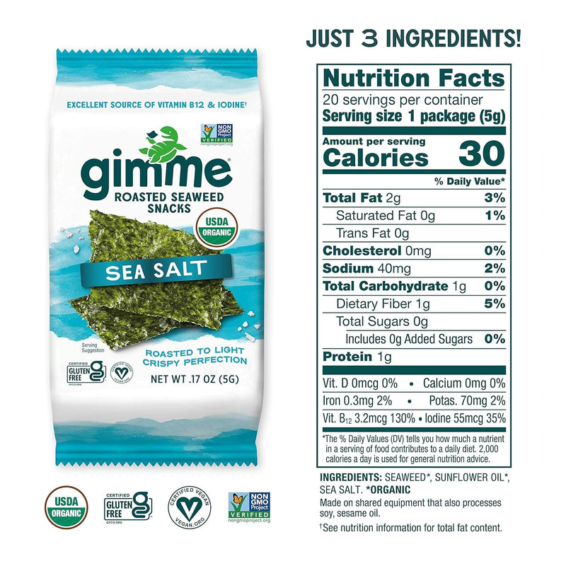 Gimme 20 CT Sea Salt Organic Roasted Seaweed Snacks, 5g, 0.17oz
