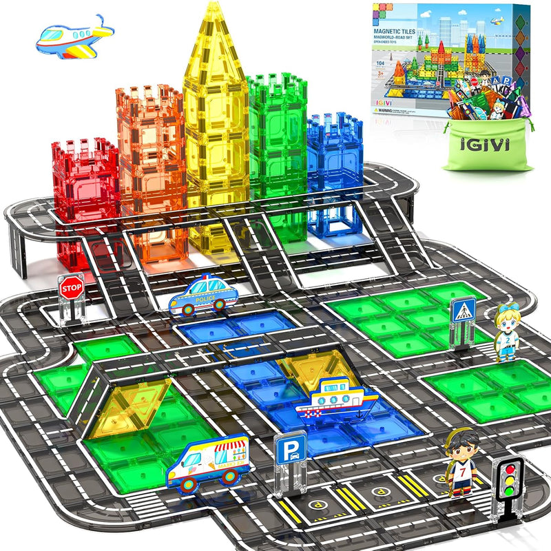 104 PCS Magnetic Tiles Road Set for Kids Ages 3-5, 5-7, 4-8, Magnet Building Blocks for Toddler Toys Games