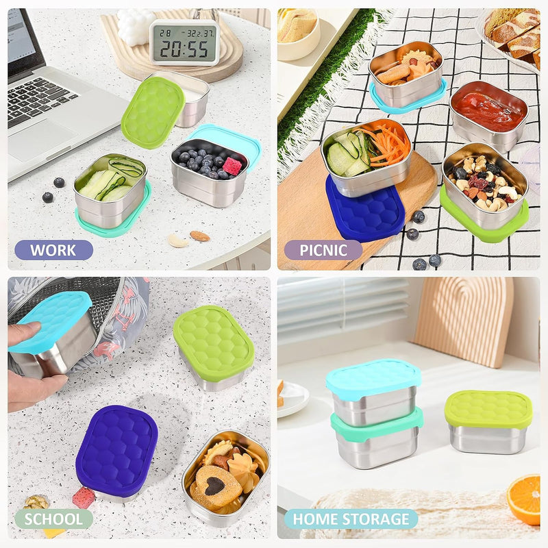 Tanjiae 4Pack 8oz Small (1 CUP) Stainless Steel Snack Containers for Kids | Reusable Easy Open Toddler Snack Containers with Silicone Lids | Stackable Toddler Lunch Box for Daycare, School and Travel