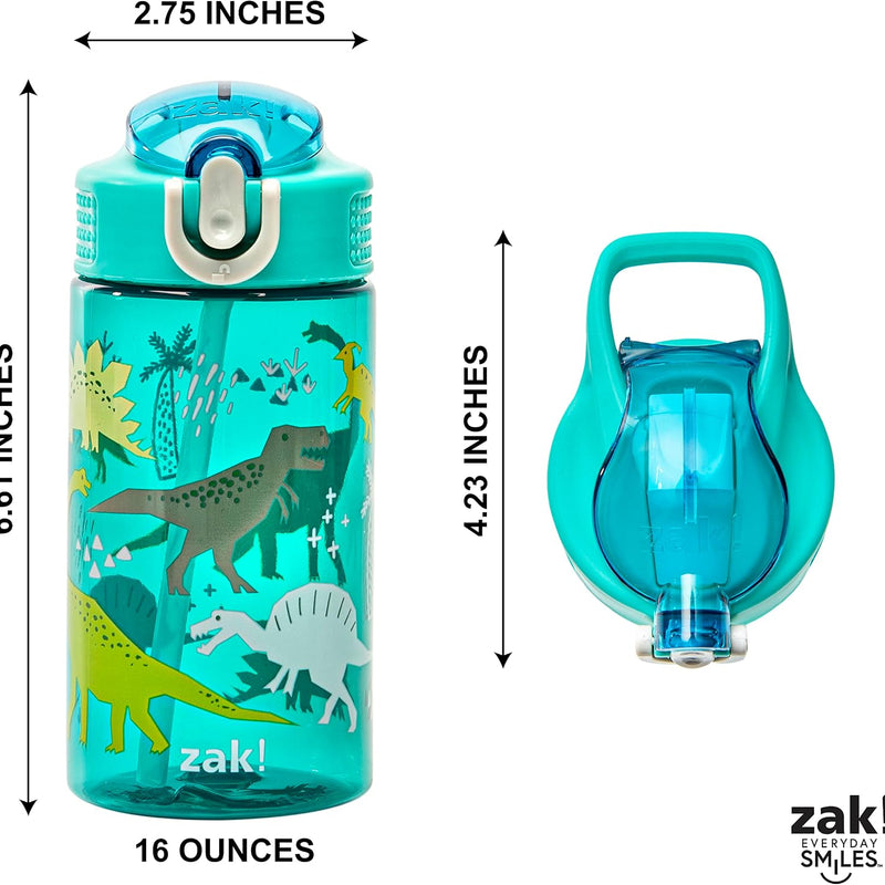 Zak Designs Dinosaur 16oz Leak-Proof Straw Kids Water Bottle, Plastic