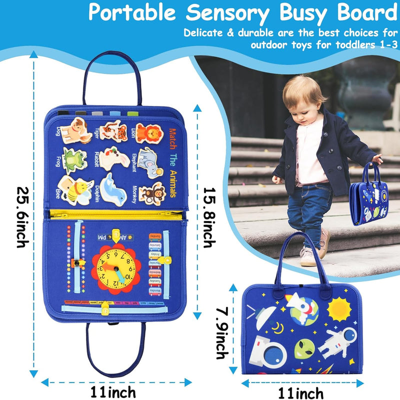 Blue toddler busy board with 12 pages of interactive learning activities for boys, ideal birthday gift for 1-3 year olds