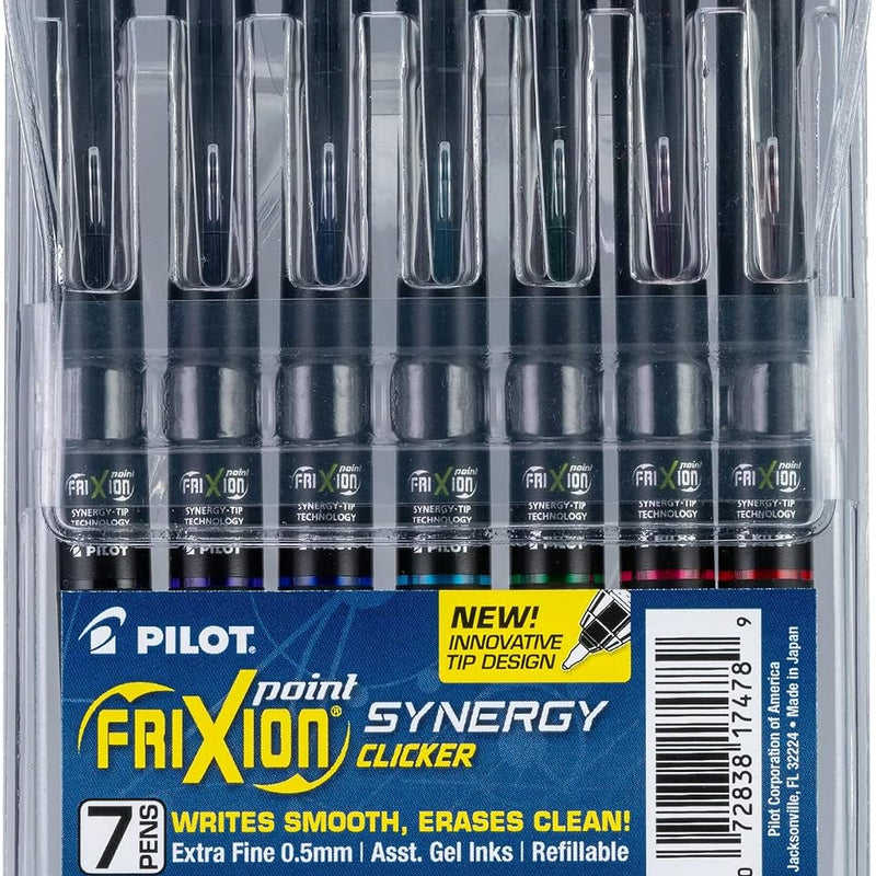 Pilot FriXion Synergy Clicker Erasable, Refillable, Retractable Gel Ink Pens, Extra Fine Point 0.5 mm, Pack of 5, Black Ink, FriXion Erasable Pens 0.5 - Ideal for School & Office Writing