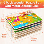 SYNARRY Wooden Puzzles for Toddlers 1-3, 6XSET Puzzles for Toddlers 2-4 with Rack, Learning Alphabet Number Animal Dinosaur Vehicle for Kids, Education Toys for 2 3 Years Boys Girls