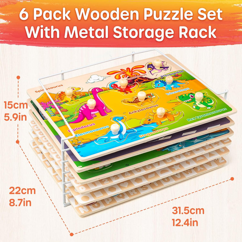 SYNARRY Wooden Puzzles for Toddlers 1-3, 6XSET Puzzles for Toddlers 2-4 with Rack, Learning Alphabet Number Animal Dinosaur Vehicle for Kids, Education Toys for 2 3 Years Boys Girls