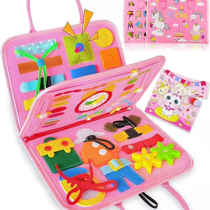 Exorany 8-Page Busy Board for Toddler Girl, Sensory Learning Toy with 20+ Activities, Soft Felt Material, Lightweight and Compact Design