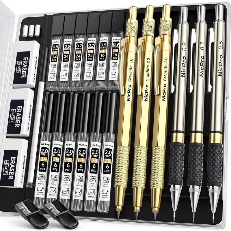 Nicpro 6PCS Art Mechanical Pencil Set, 3PCS Metal Drafting Pencil 0.5 mm & 0.7 mm & 0.9 mm & 3PCS 2mm Graphite Lead Holder (2B HB 2H) For Writing, Sketching Drawing With Lead Refills Case