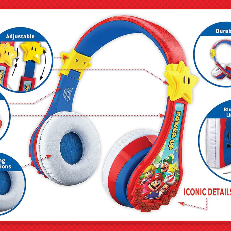 Super Mario Wireless Bluetooth Portable Kids Headphones with Microphone, Volume Reduced to Protect Hearing Rechargeable Battery, Adjustable Kids Headband for School Home or Travel