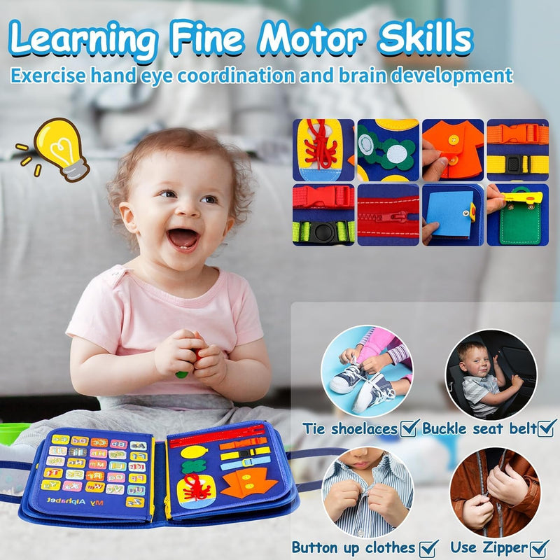Blue toddler busy board with 12 pages of interactive learning activities for boys, ideal birthday gift for 1-3 year olds