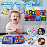 Blue toddler busy board with 12 pages of interactive learning activities for boys, ideal birthday gift for 1-3 year olds