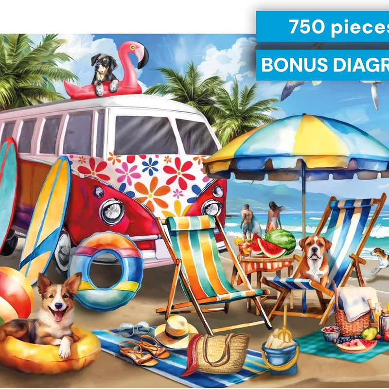 Buffalo Games – Dog Days of Summer by Tom Wood 750 Piece Jigsaw Puzzle for Adults – Precision-Cut Pieces, Beautiful Artwork, and Hours of Relaxing Fun - Relaxing Beach Day with The Family Pet