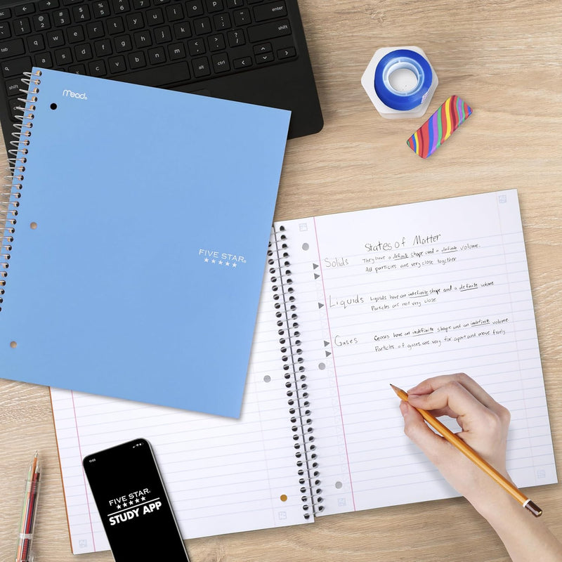 Five Star Spiral Notebook + Study App, 5 Subject, Wide Ruled Paper, 8" x 10-1/2", 200 Sheets, Fights Ink Bleed, Water Resistant Cover, Tidewater Blue (73196)