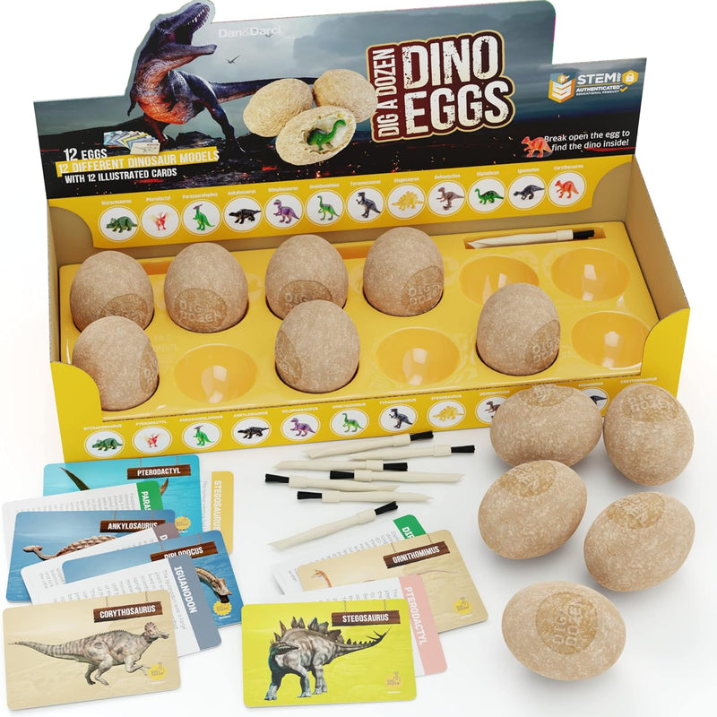 Dan&Darci Dig a Dozen Dino Egg Kit for 3-12 year olds, 12 Eggs & Surprise Dinosaurs, Science STEM Activities - Dinosaur Toys Gift