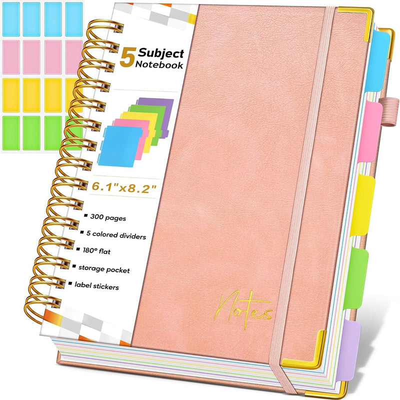 Spiral Notebook Journal with Removable Dividers Tabs, 300 Pages Hardcover Leather 5 Subject College Ruled Notebook, 8"x10" Large B5 Lined Journal for Women Men, Spiral Notebooks for Work School,Purple
