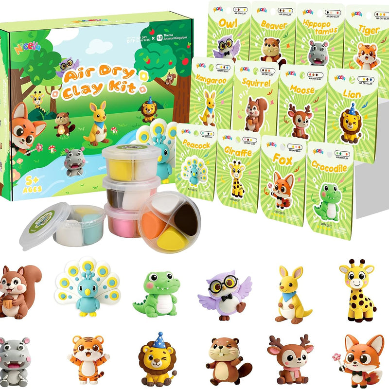 Nicella Air Dry Clay Kit, 12 Animals Modeling Clay for Kids, Model Magic Clay with Sculpting Tools and Tutorials, Safe & Non-Toxic, DIY Arts & Crafts School Projects, Home Party Favors for Boys Girls