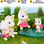 Sunny Days Entertainment Honey Bee Acres Rainbow Ridge Daydreamers Unicorn Family – 4 Miniature Flocked Dolls | Small Fantasy Collectible Figures | Pretend Play Toys for Kids