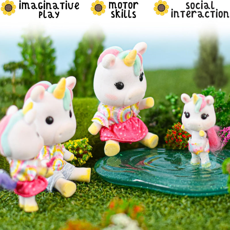 Sunny Days Entertainment Honey Bee Acres Rainbow Ridge Daydreamers Unicorn Family – 4 Miniature Flocked Dolls | Small Fantasy Collectible Figures | Pretend Play Toys for Kids