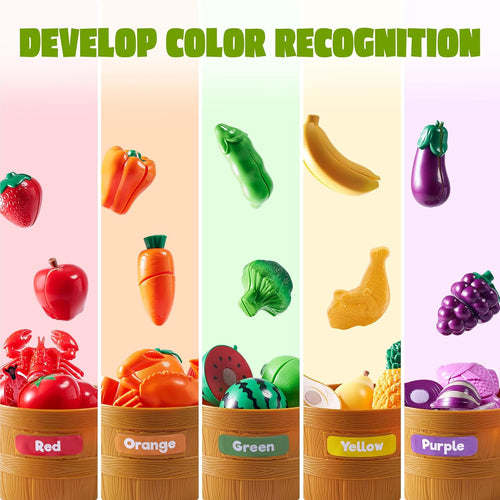 JOYIN Toddler Learning Toys: Cutting Food Play Set, Color Sorting, Educational Kitchen Accessories