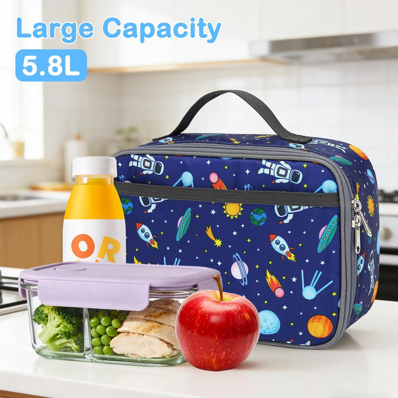 FlowFly Kids Lunch box Insulated Soft Bag Mini Cooler Back to School Thermal Meal Tote Kit for Girls, Boys, Astronaut