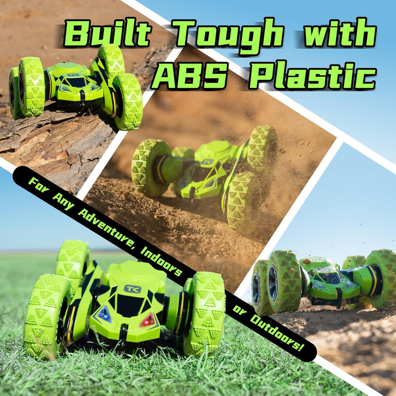 Threeking 4WD stunt RC car with soft lights, green, for kids ages 6-12, unique gift