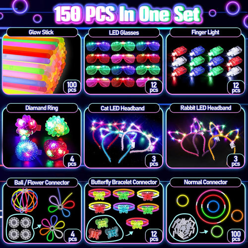150PCS Glow Party Supplies: Glasses, Headbands, Rings, 100 Glow Sticks for Kids & Adults