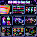 150PCS Glow Party Supplies: Glasses, Headbands, Rings, 100 Glow Sticks for Kids & Adults