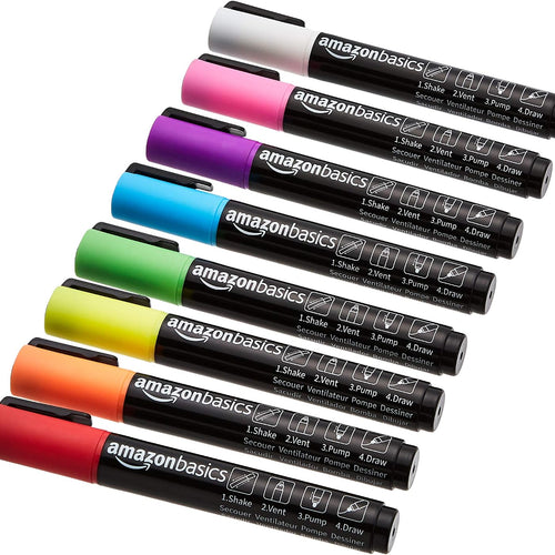 Amazon Basics Bullet/Chisel Reversible Tip Liquid Chalk Markers, Erasable, Washable, Water-Based, Bold Point, 8-Pack, Bright Colors
