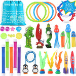 20Pcs Summer Pool Diving Swimming Toys for Kids Ages 3-12, Fun Swim Games Sinking Set, Underwater Dive Gifts with Storage Bag Include Torpedo Gems Shark Rings Sea Animals for Boys Girls