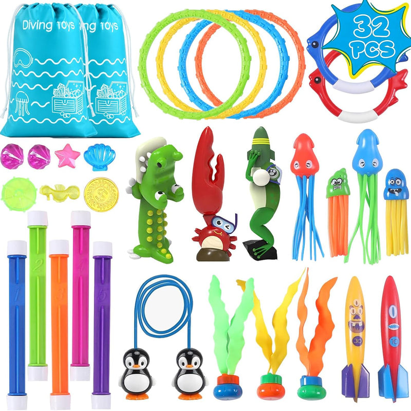 20Pcs Summer Pool Diving Swimming Toys for Kids Ages 3-12, Fun Swim Games Sinking Set, Underwater Dive Gifts with Storage Bag Include Torpedo Gems Shark Rings Sea Animals for Boys Girls