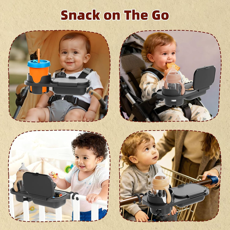 Universal Stroller Snack Tray, Easy Clean Removable Silicone Insert | for Mockingbird Nuna Bugaboo, Dual-Lock Sturdy Grip, Different Size Cups Holder, Easy to Attach, Toddler Snacking On The Go