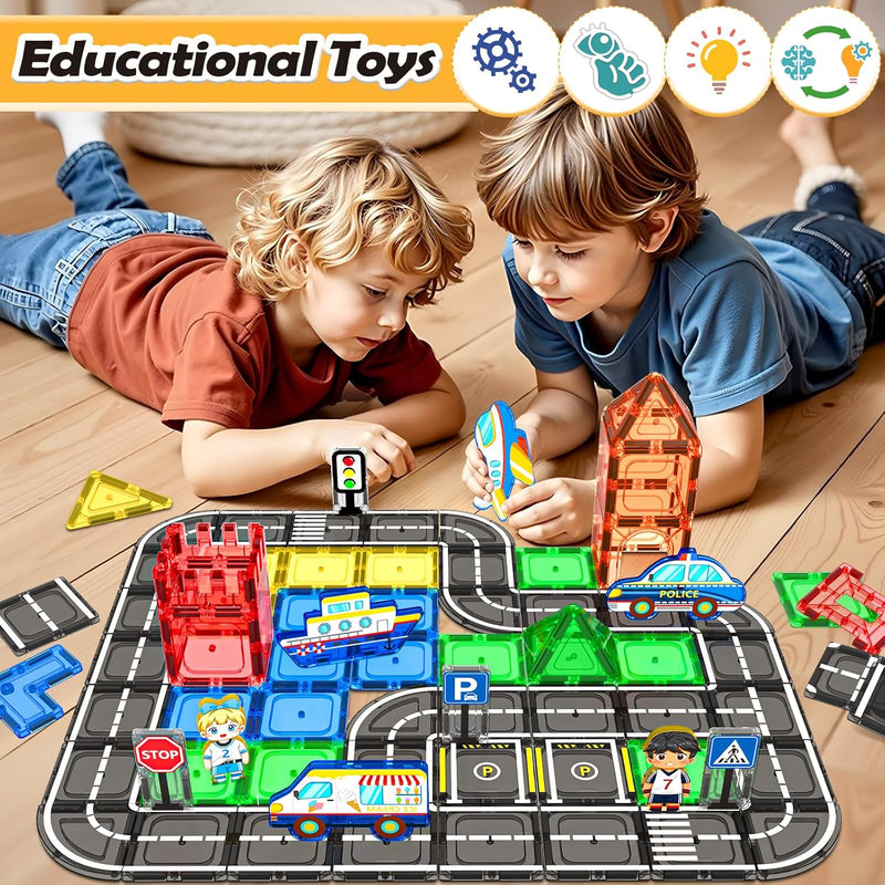 104 PCS Magnetic Tiles Road Set for Kids Ages 3-5, 5-7, 4-8, Magnet Building Blocks for Toddler Toys Games