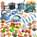 130Pcs Kitchen Playset, Toddler Pretend Cooking Play Pots, Pans, Utensils Cookware, Daily Food Fruit Veges, Shopping Storage Basket, Dessert, Prop Money, Learning Gift for Child (Blue)
